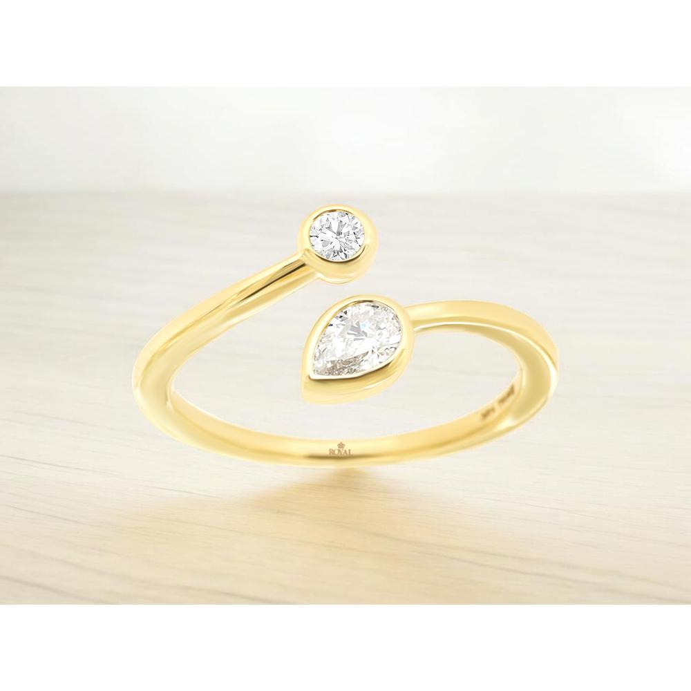 14K Yellow Gold Open Shank Ring with Bezel Set Round and Pear Cut Diamonds - 0.32 Carat Total Diamond Weight - Royal Jewelry