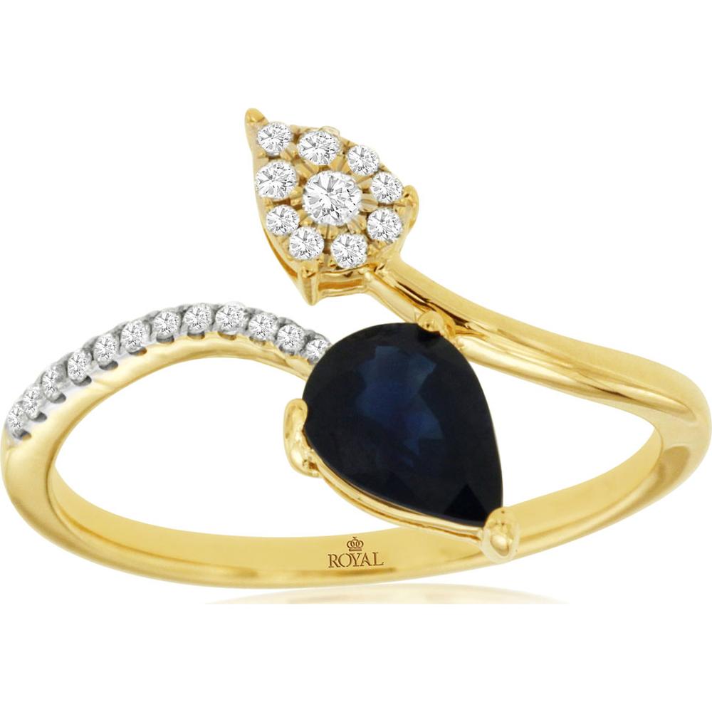 14K Yellow Gold Open Shank Ring with Pear-Shaped Blue Sapphire and Diamond Cluster Halo - 0.88 Carat Sapphire and 0.12 Carat Diamond - Royal Jewelry