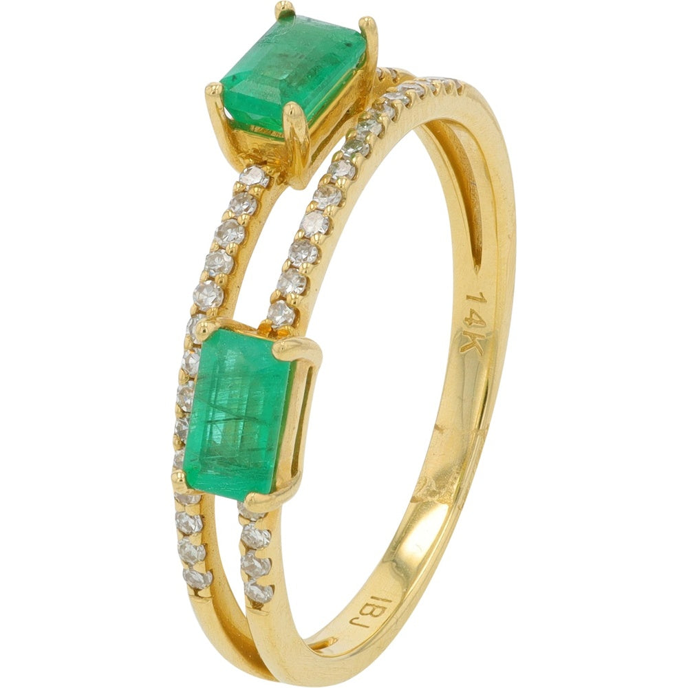 14K Yellow Gold Open-Shank Two-Stone Ring with Emerald-Cut Emeralds and Diamond Accents - 0.60-0.85 Carat Total Emerald Weight, 0.15 Carat Total Diamond Weight
