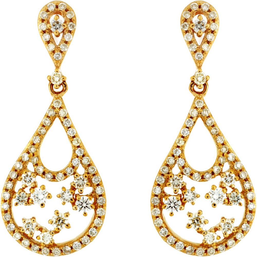 14K Yellow Gold Open Teardrop Chandelier Earrings with Micro-Pavé and Prong-Set Round Diamonds - 0.80 Carat Total Diamond Weight - Royal Jewelry