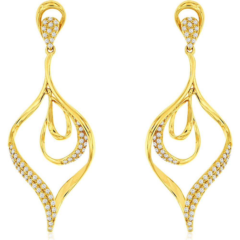14K Yellow Gold Open Teardrop Dangle Earrings with Prong Set Round Diamonds - 0.36 Carat Total Diamond Weight - Royal Jewelry
