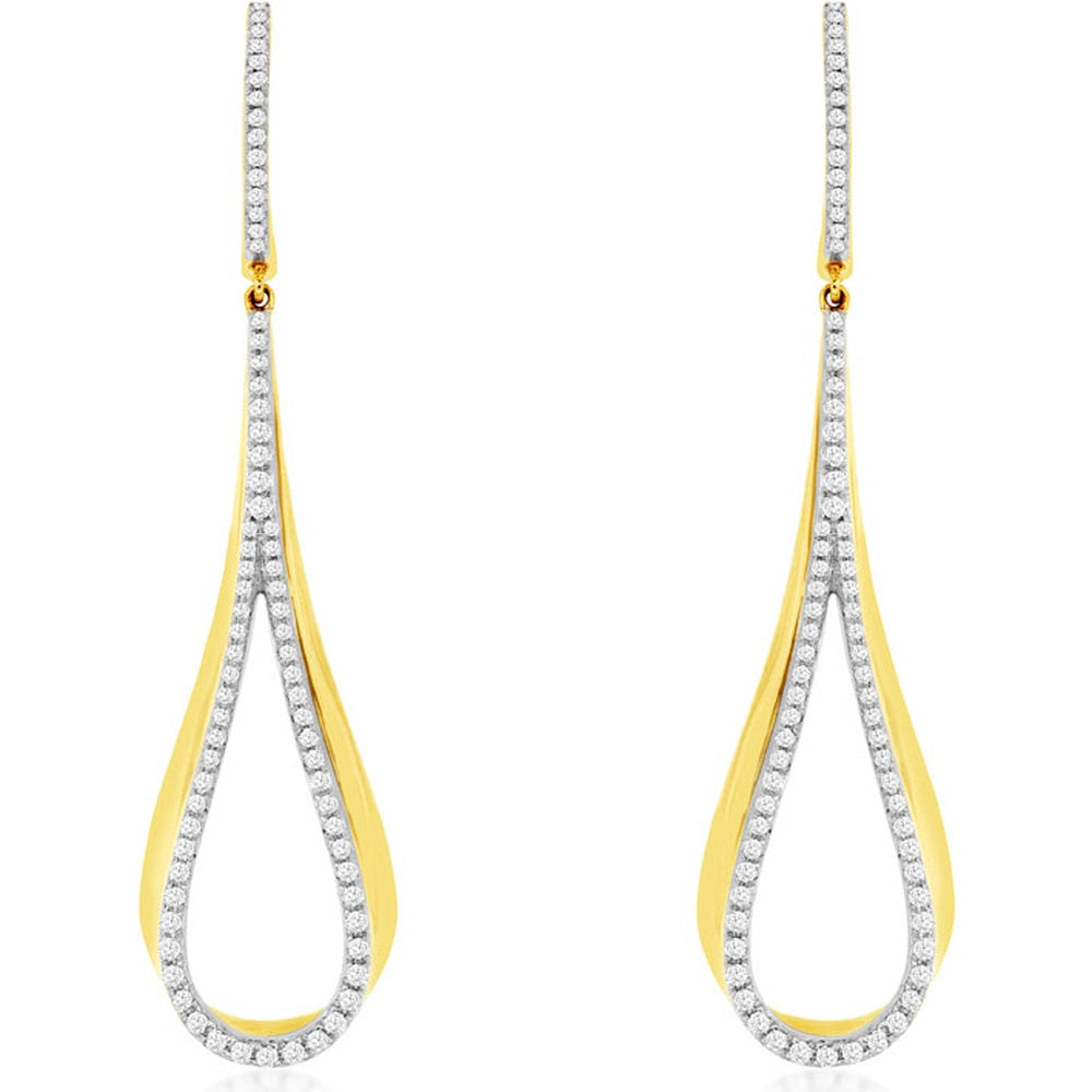 14K Yellow Gold Open Teardrop Drop Earrings with Pavé-Set Round Diamonds - 0.68 Carat Total Diamond Weight - Royal Jewelry