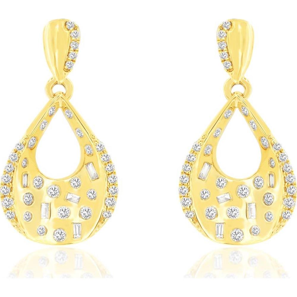 14K Yellow Gold Open Teardrop Drop Earrings with Round and Baguette Diamonds - 0.33 Carat Total Diamond Weight - Royal Jewelry