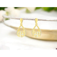 14K Yellow Gold Open Teardrop Drop Earrings with Round and Baguette Diamonds - 0.33 Carat Total Diamond Weight - Royal Jewelry