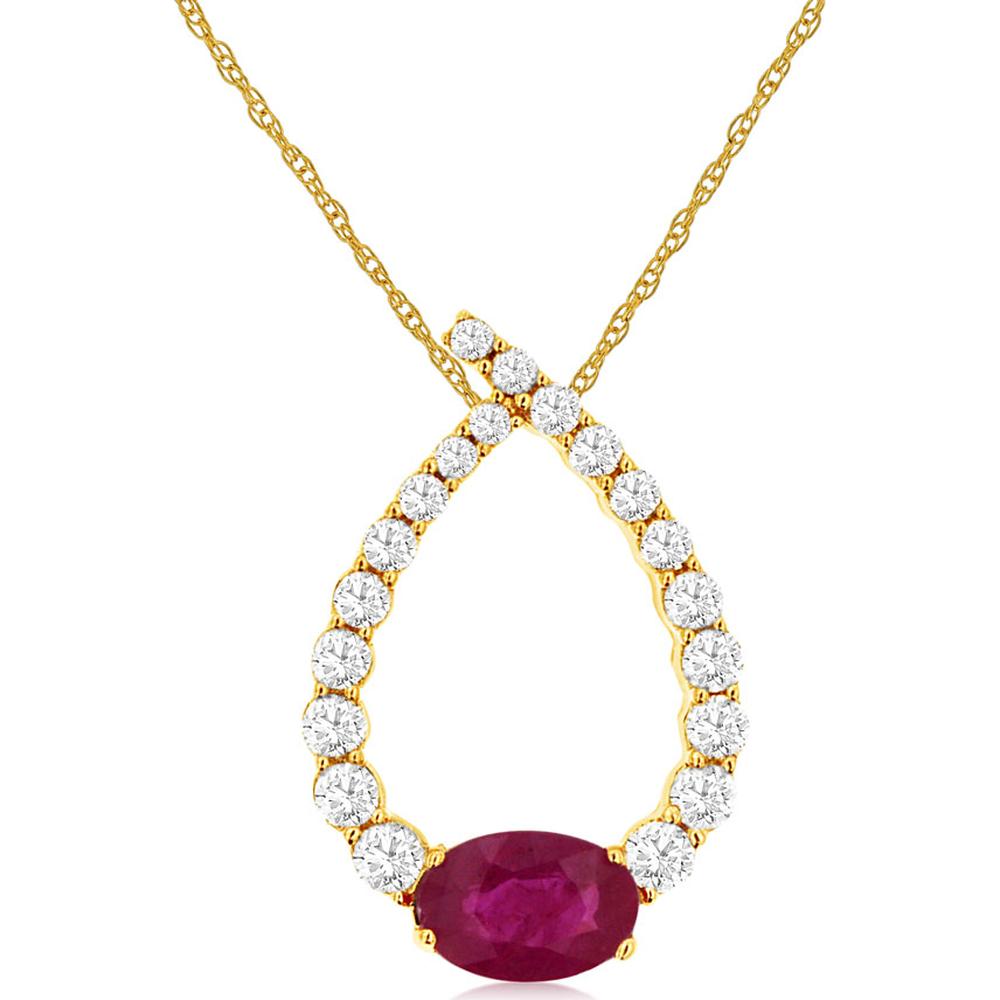 14K Yellow Gold Open Teardrop Pendant with 0.33 Carat Round Diamond Accents and 0.56 Carat Oval Ruby - Total Gem Weight 0.89 Carats - Royal Jewelry