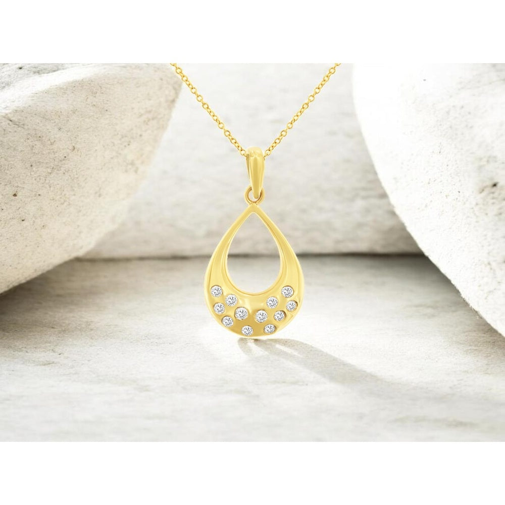 14K Yellow Gold Open Teardrop Pendant with Flush-Set Round Diamonds - 0.15 Carat Total Diamond Weight - Royal Jewelry