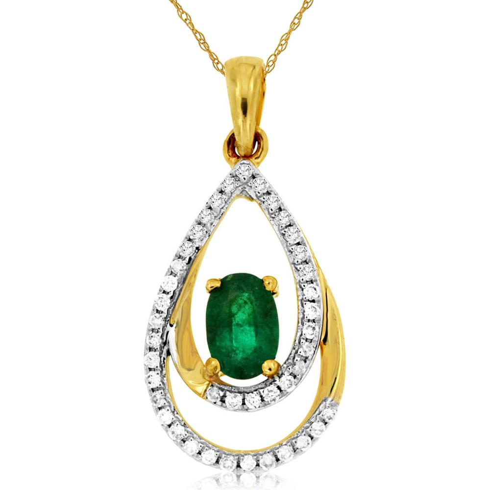 14K Yellow Gold Open Teardrop Pendant with Oval Emerald and Diamond Accents - 0.44 Carat Emerald, 0.17 Carat Total Diamond Weight - Royal Jewelry