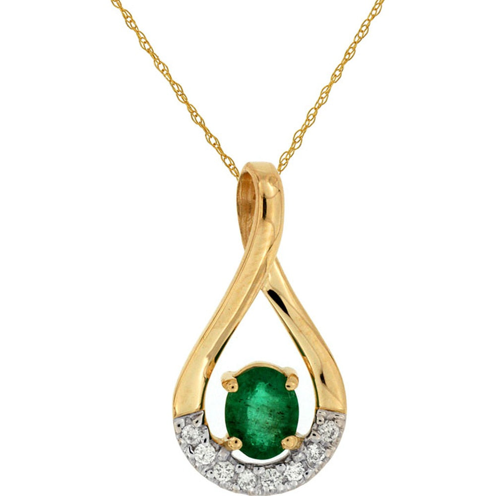 14K Yellow Gold Open Teardrop Pendant with Oval Emerald and Pavé Set Diamond Accents - 0.35 Carat Emerald Total Weight - Royal Jewelry