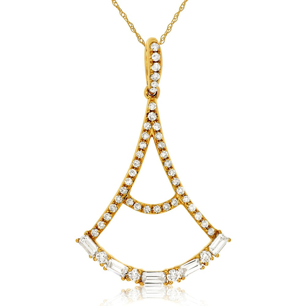 14K Yellow Gold Open Teardrop Pendant with Round and Baguette Cut Diamonds - 0.38 Carat Total Diamond Weight - Royal Jewelry