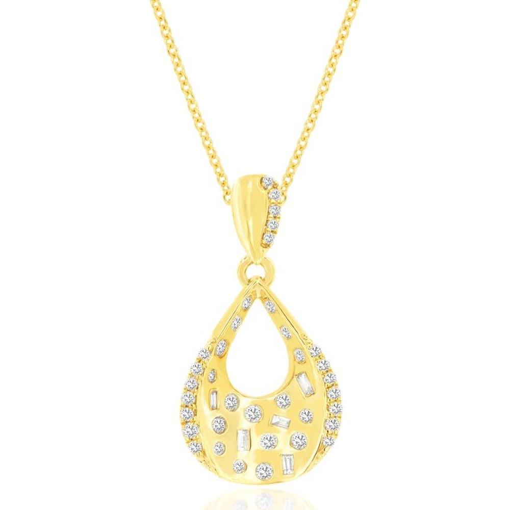 14K Yellow Gold Open Teardrop Pendant with Scattered Round and Baguette Cut Diamonds - 0.24 Carat Total Diamond Weight - Royal Jewelry