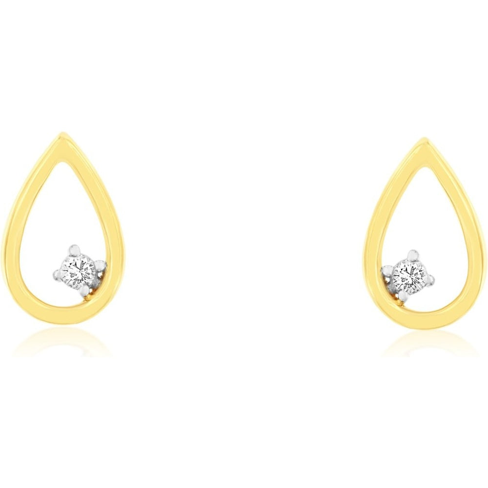 14K Yellow Gold Open Teardrop Stud Earrings with Prong-Set Round Diamonds - 0.03 Carat Total Diamond Weight - Royal Jewelry