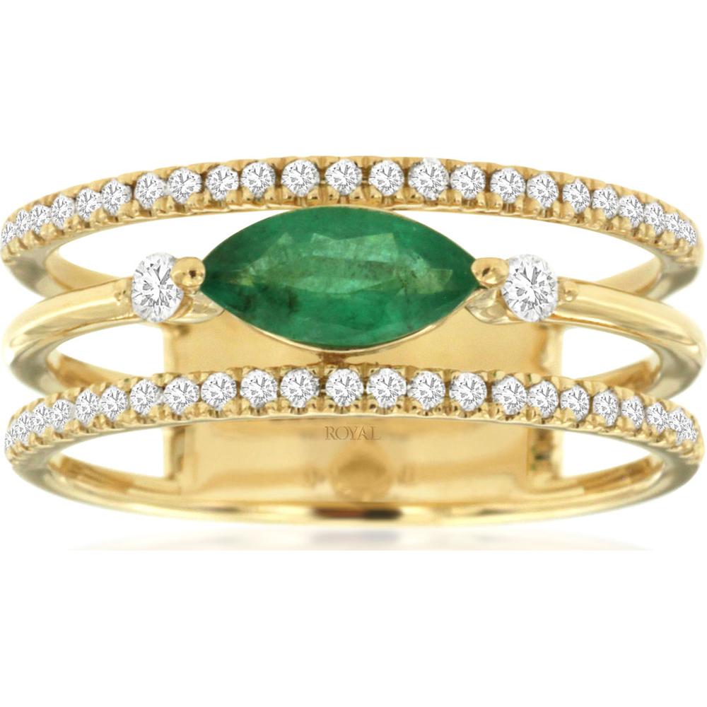 14K Yellow Gold Open Triple Band Ring with Marquise Cut Emerald and Round Diamonds - 0.52 Carat Emerald & 0.26 Carat Diamond Weight - Royal Jewelry