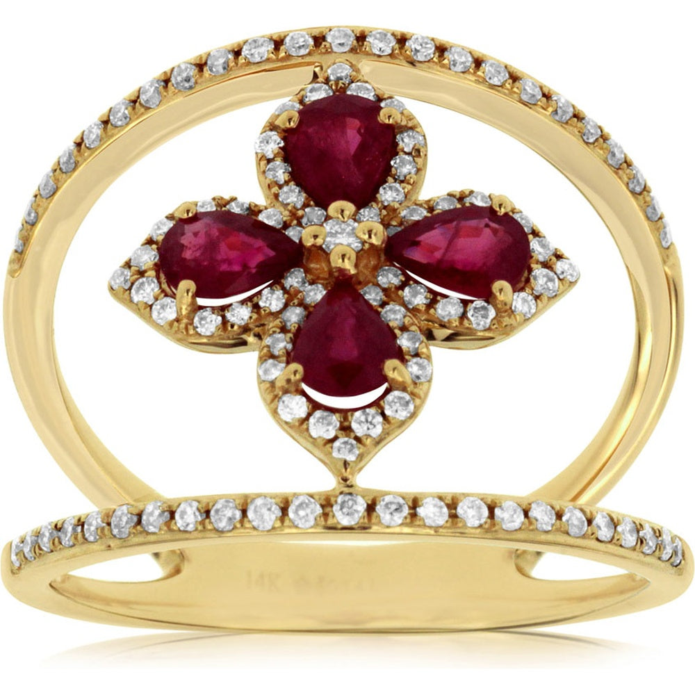 14K Yellow Gold Open-Work Floral Ring with Pear-Shaped Rubies and Diamond Halos - 0.65 Carat Ruby and 0.32 Carat Diamond Total Weight - Royal Jewelry