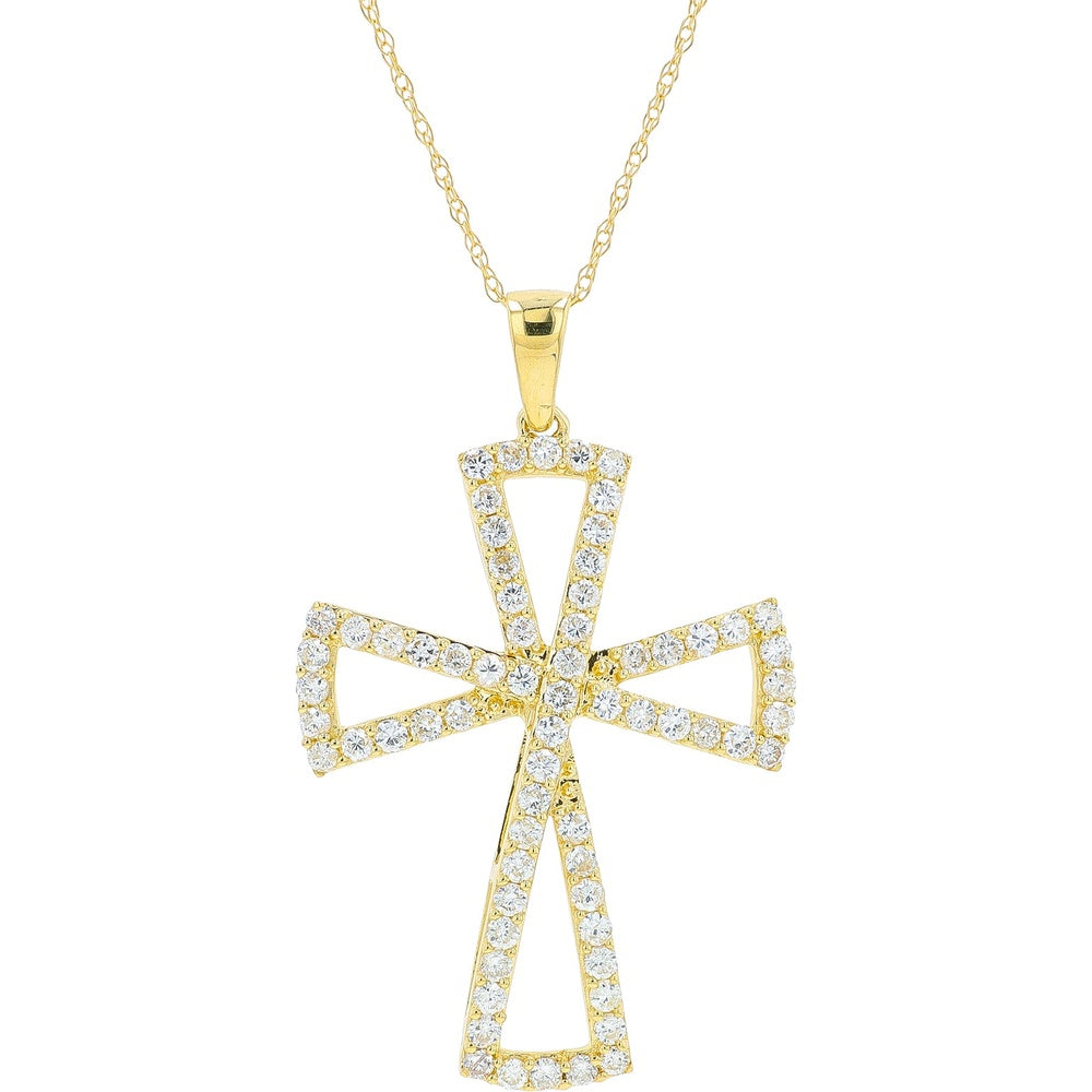 14K Yellow Gold Openwork Cross Pendant with Prong-Set Round Diamonds - 0.70 Carat Total Diamond Weight