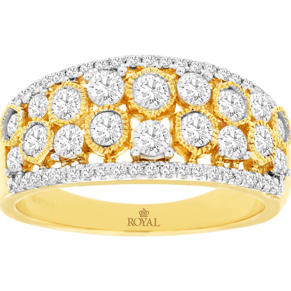 14K Yellow Gold Openwork Diamond Wedding Band with Round Brilliant Diamonds and Milgrain Detail - 1.00 Carat Total Diamond Weight - Royal Jewelry