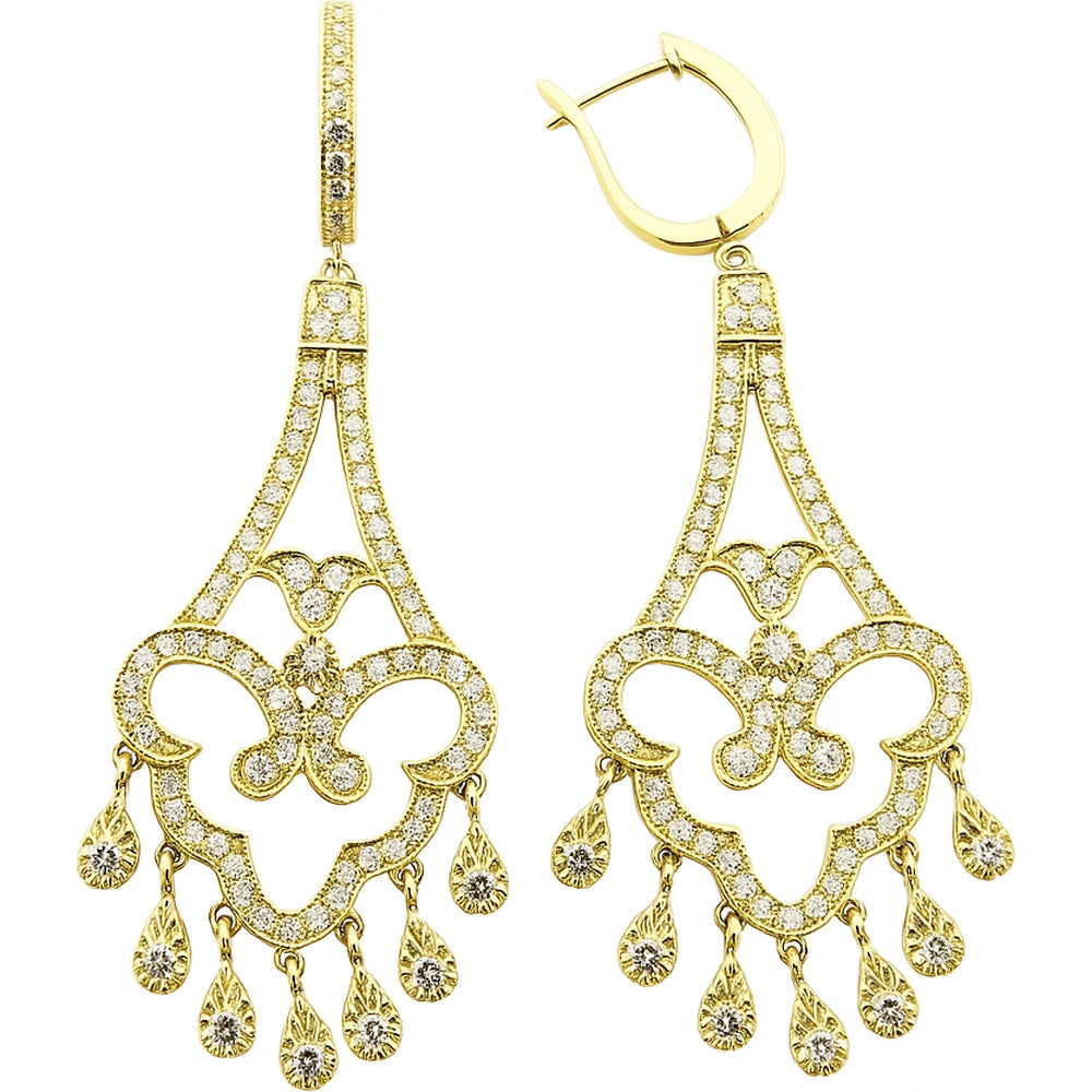 14K Yellow Gold Openwork Drop Earrings with Pavé Set Round Diamonds - 3.36 Carat Total Diamond Weight by Auriventus