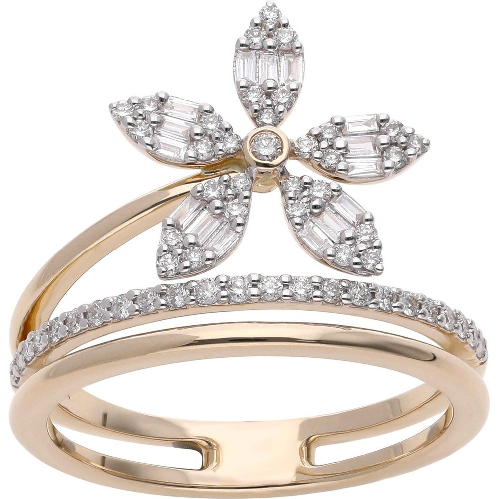 14K Yellow Gold Openwork Flower Fashion Ring with Round and Baguette Diamonds - 0.39 Carat Total Diamond Weight by Auriventus