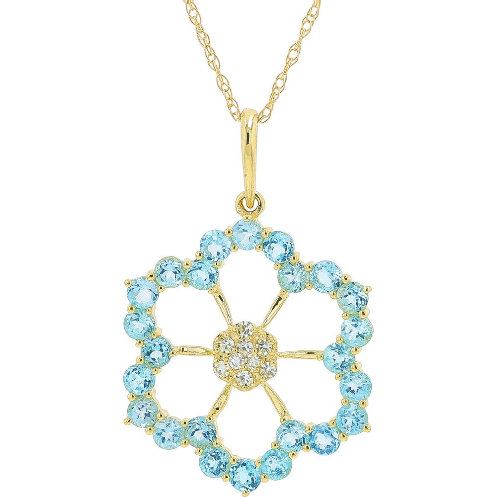 14K Yellow Gold Openwork Flower Pendant with Round Swiss Blue Topaz and Diamond Cluster - 1.25 Carat Total Topaz Weight