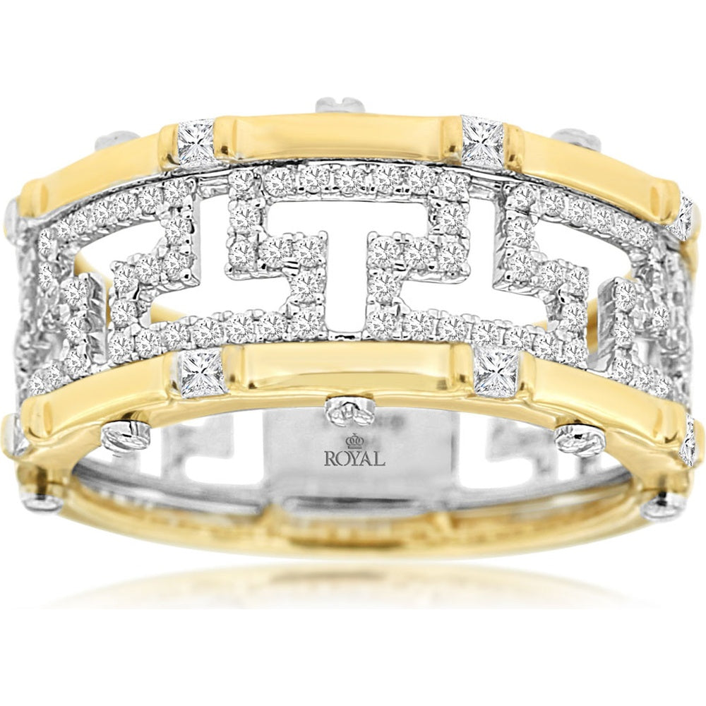 14K Yellow Gold Openwork Geometric Band with Round and Square-Cut Diamonds - 0.60 Carat Total Diamond Weight - Royal Jewelry