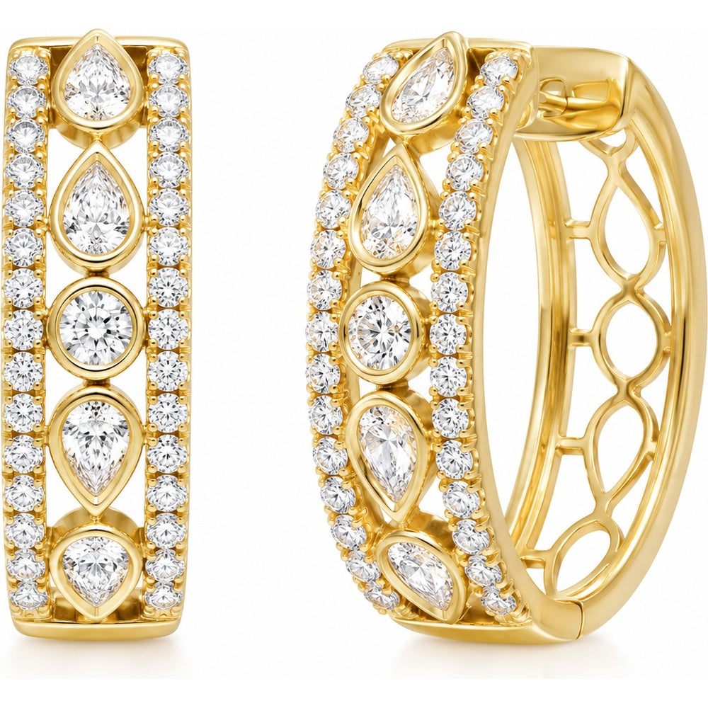 14K Yellow Gold Openwork Huggies with Bezel Set Pear and Round Diamonds - 1.79 Carat Total Diamond Weight by Auriventus