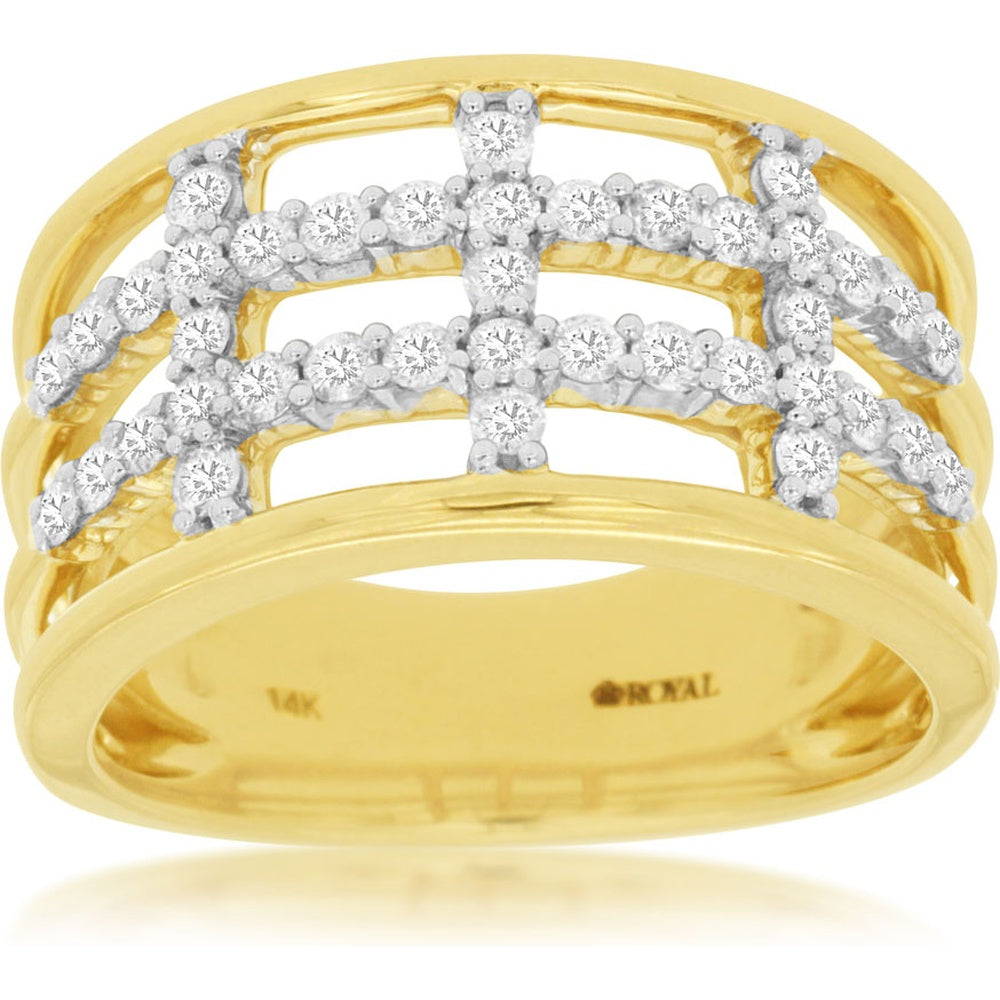14K Yellow Gold Openwork Lattice Wide Band Ring with Prong-Set Round Brilliant Diamonds - 0.62 Carat Total Diamond Weight - Royal Jewelry