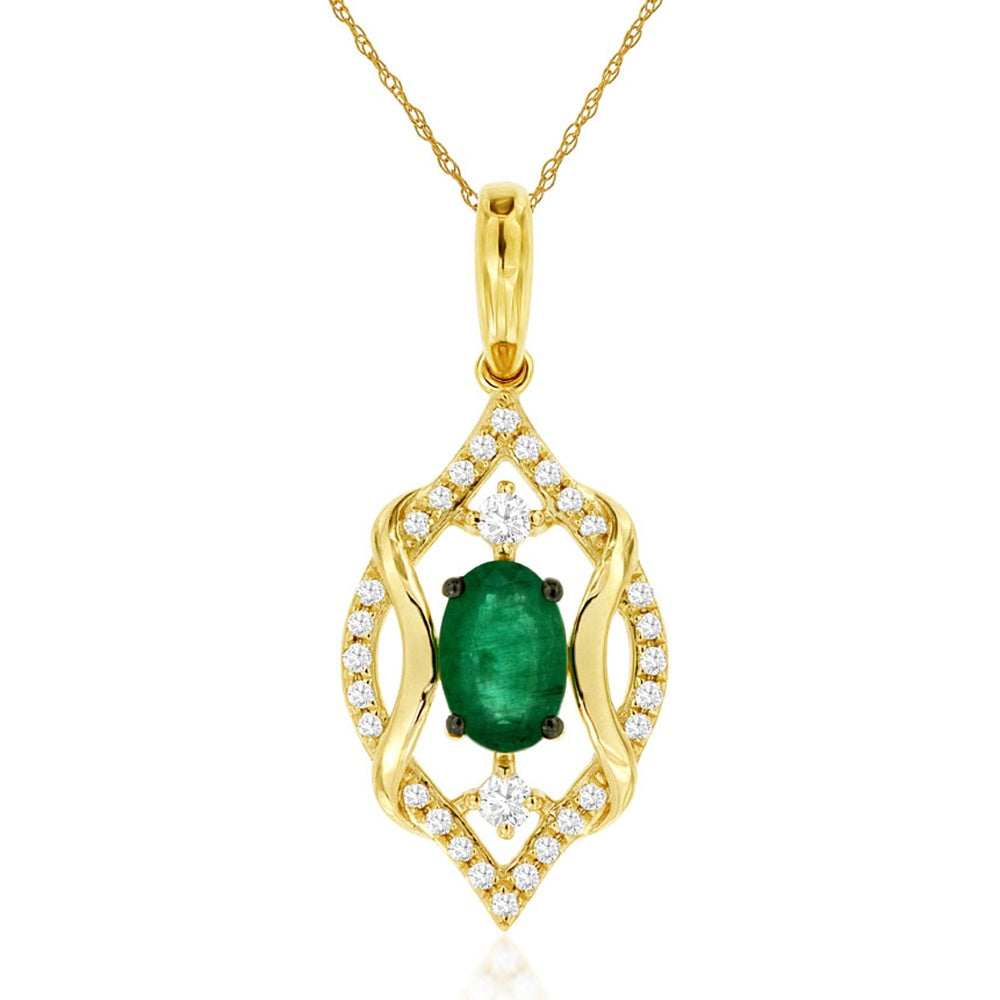 14K Yellow Gold Openwork Pendant with Oval Emerald and Diamond Accents - 0.44 Carat Emerald and 0.12 Carat Total Diamond Weight - Royal Jewelry