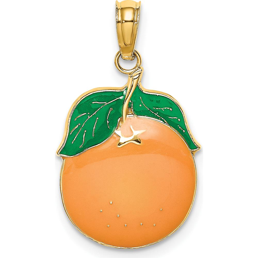 14K Yellow Gold Orange and Green Enameled Orange Charm with Stem and Leaf - Polished Finish by Oro Pregiato