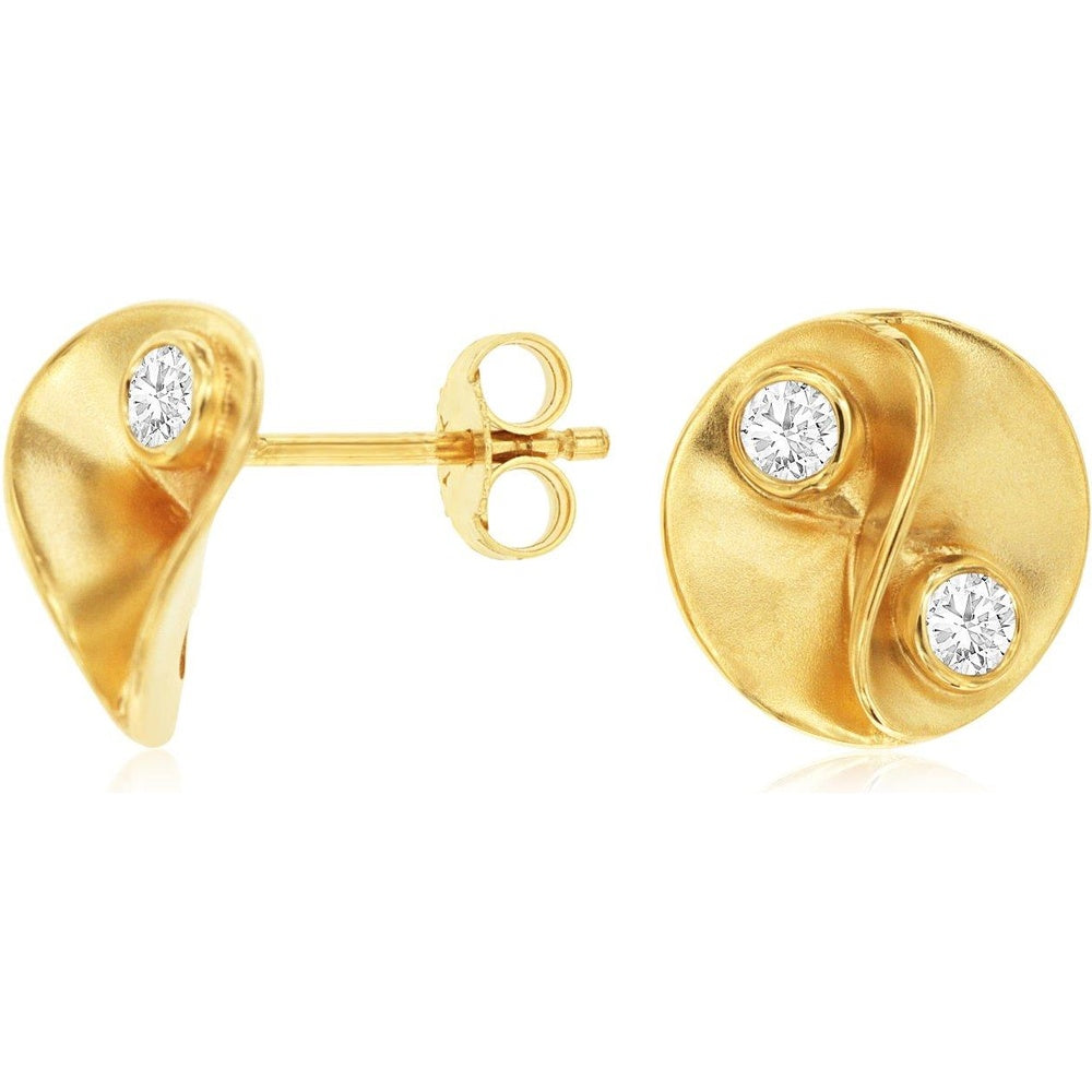 14K Yellow Gold Organic Wave Design Stud Earrings with Bezel-Set Round Diamonds - 0.33 Carat Total Diamond Weight - Royal Jewelry