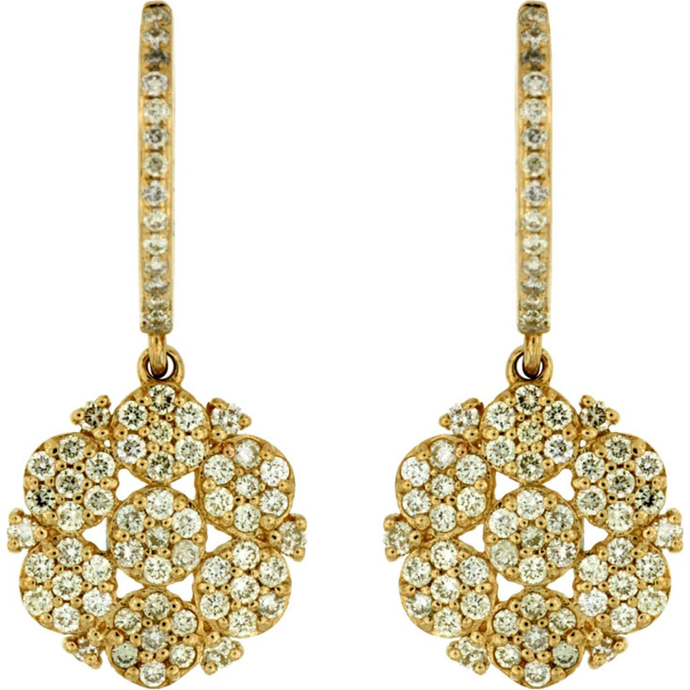 14K Yellow Gold Ornate Drop Earrings with Pave-Set Round Diamonds - 0.84 Carat Total Diamond Weight - Royal Jewelry