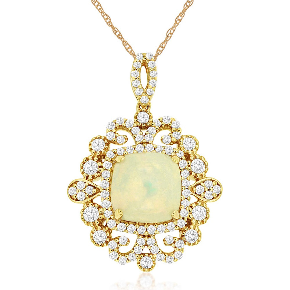 14K Yellow Gold Ornate Halo Pendant with Cushion Cut Opal and Pavé Set Round Diamonds - 1.40 Carat Opal and 0.57 Carat Diamond Total Weight - Royal Jewelry