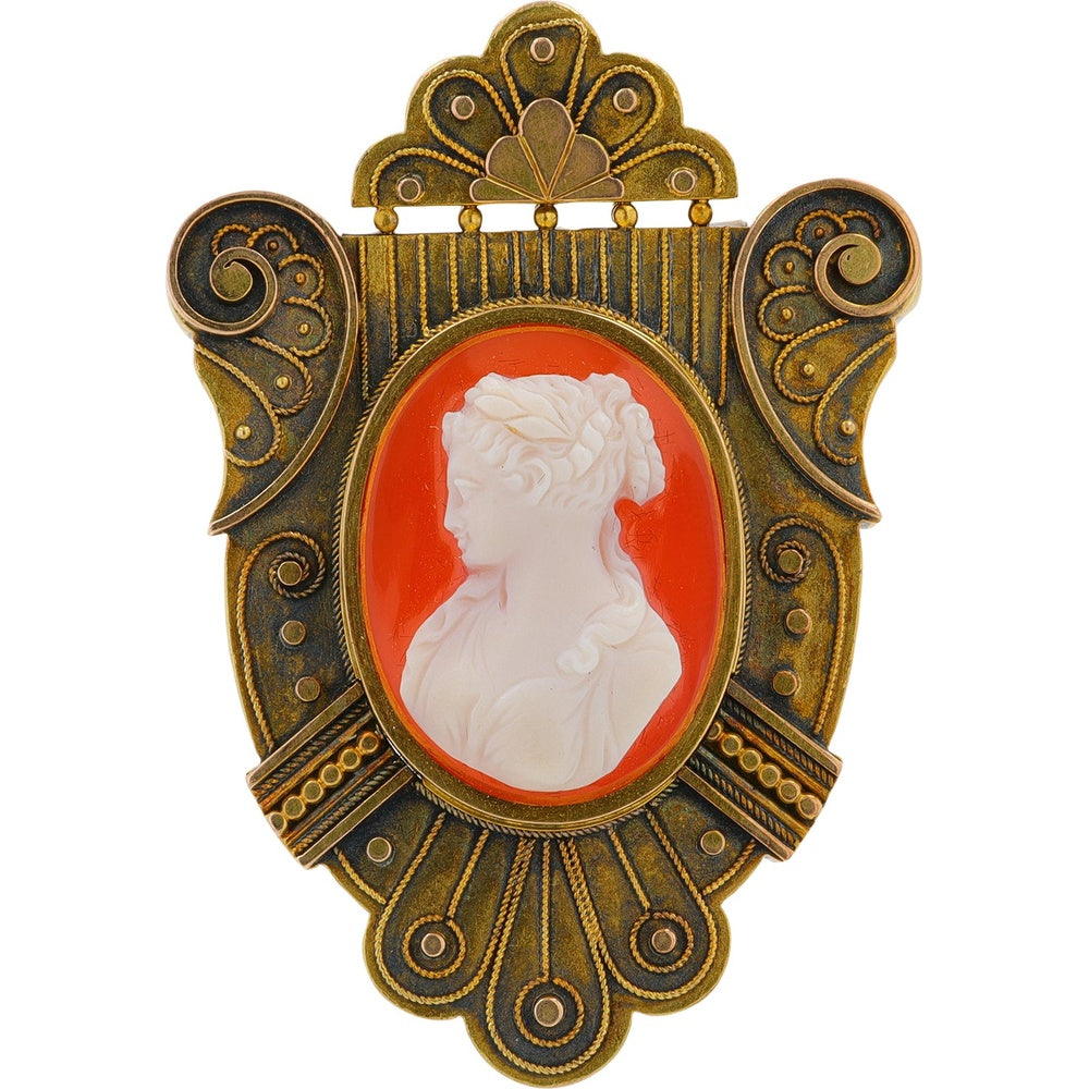 14K Yellow Gold Ornate Oval Cameo Pendant with Classical Profile Relief and Milgrain Detailing