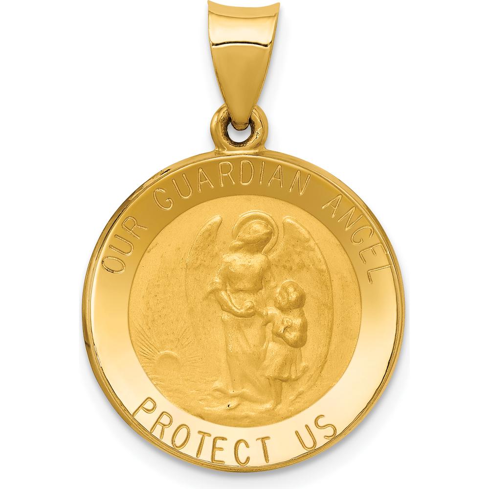 14K Yellow Gold "Our Guardian Angel" Medal Charm with Satin Finish and Hollow Design by 0