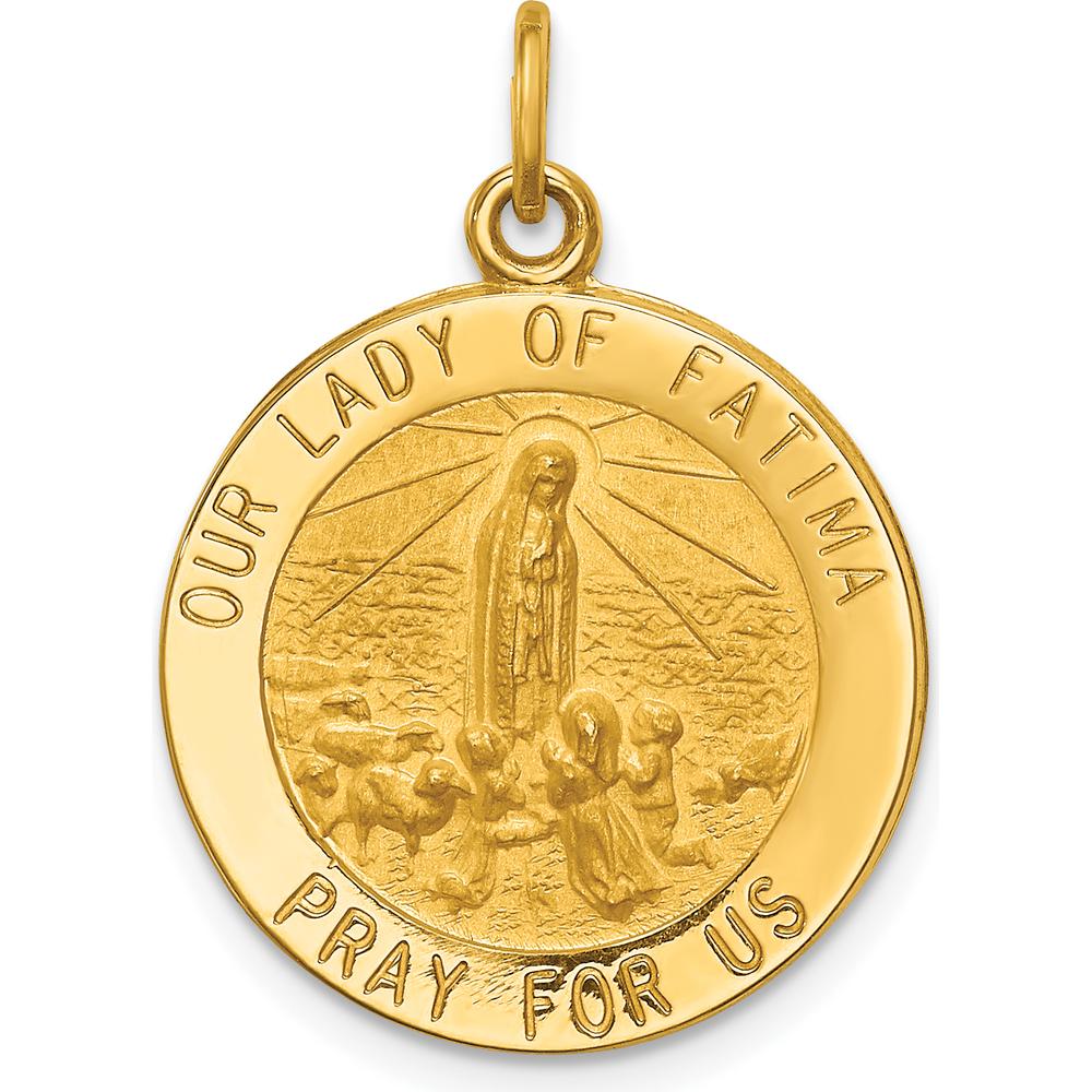 14K Yellow Gold Our Lady of Fatima Round Pendant with Polished and Satin Finish by Oro Pregiato