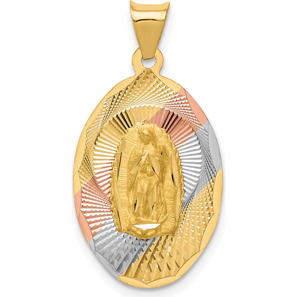 14K Yellow Gold Our Lady of Guadalupe Diamond-Cut Pendant with Rose and White Rhodium Accents by Oro Pregiato