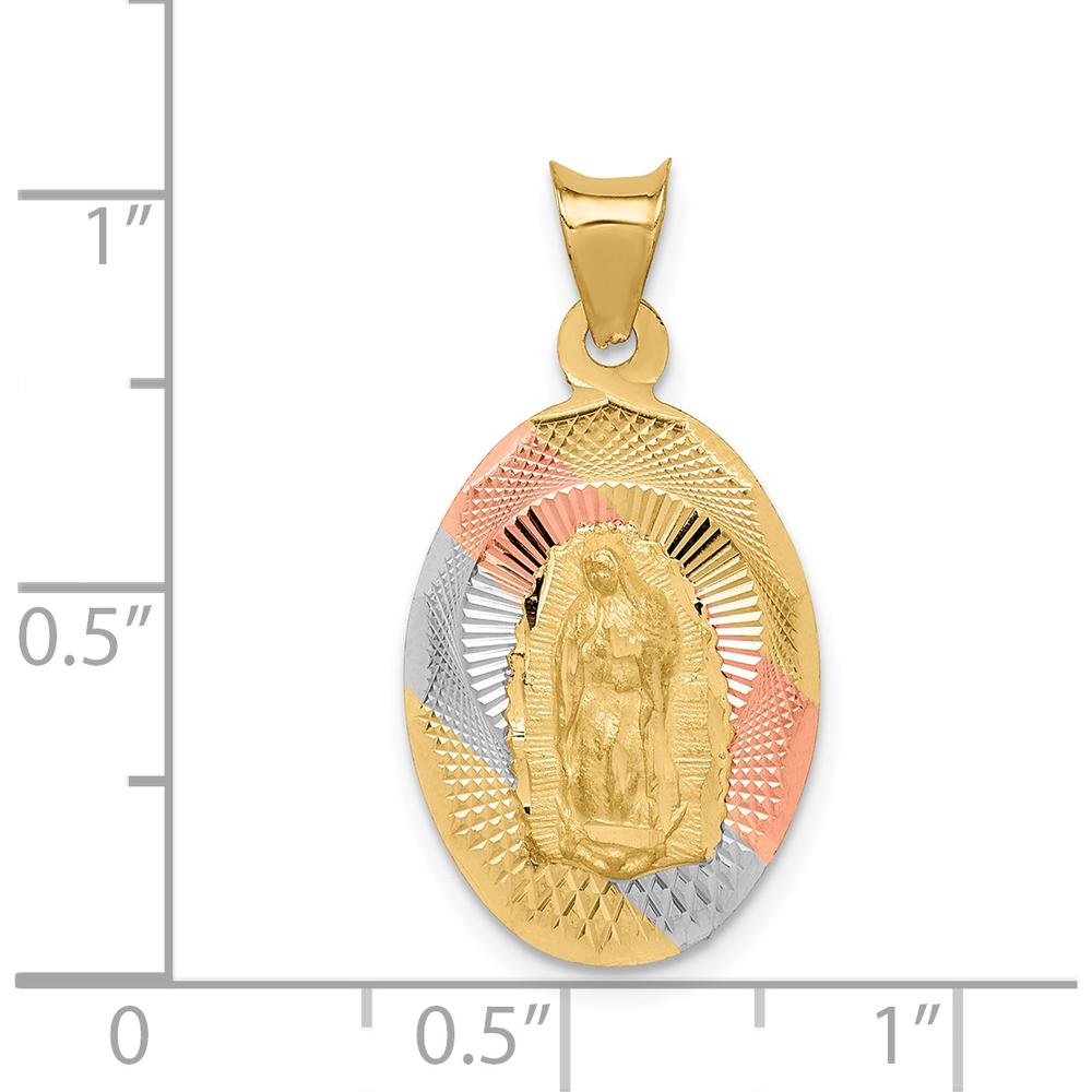 14K Yellow Gold Our Lady of Guadalupe Pendant with Rose and White Rhodium Accents - Diamond-cut Texture by Oro Pregiato