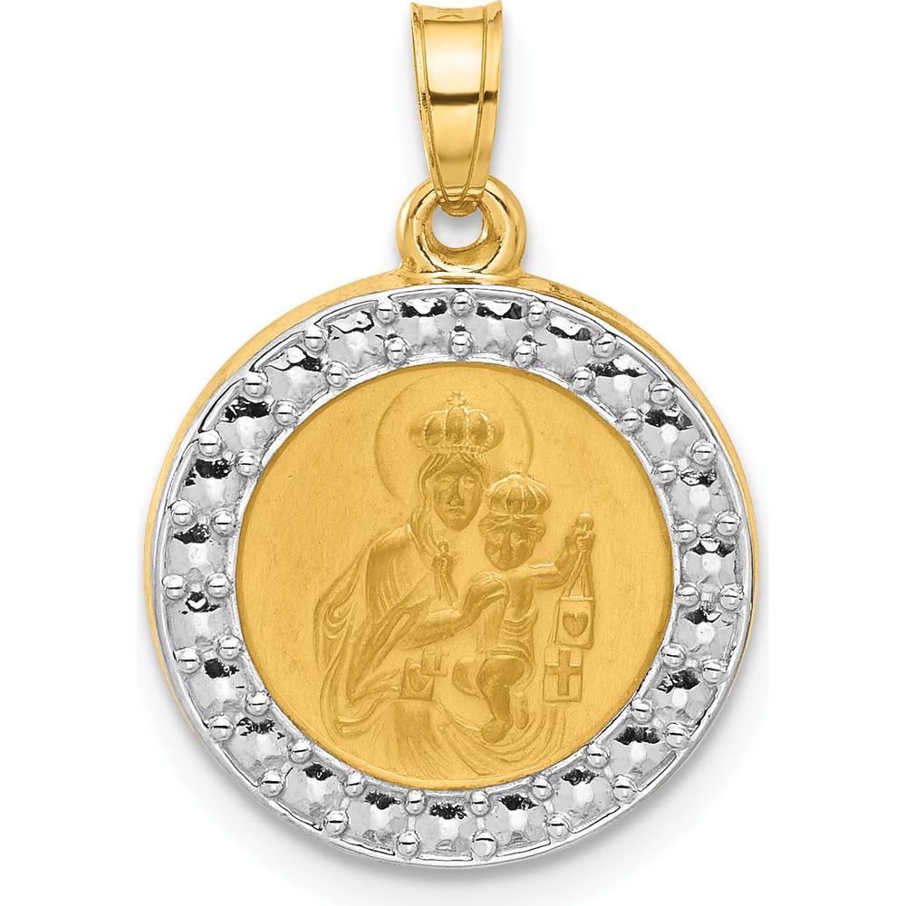 14K Yellow Gold Our Lady of Mount Carmel Round Pendant with Rhodium Accents and Satin Finish by Oro Pregiato