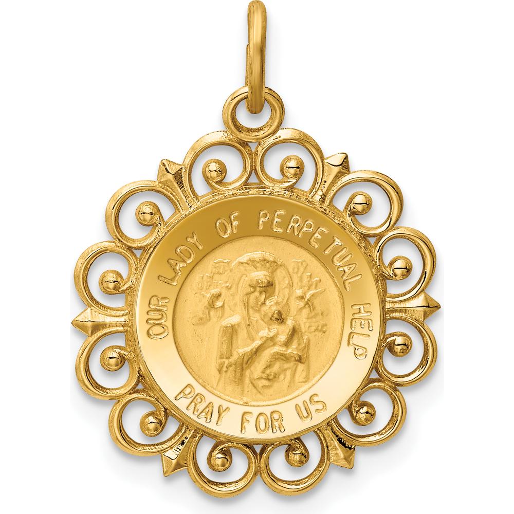 14K Yellow Gold Our Lady of Perpetual Help Round Pendant with Satin and Polished Finish - 24mm Length by Oro Pregiato