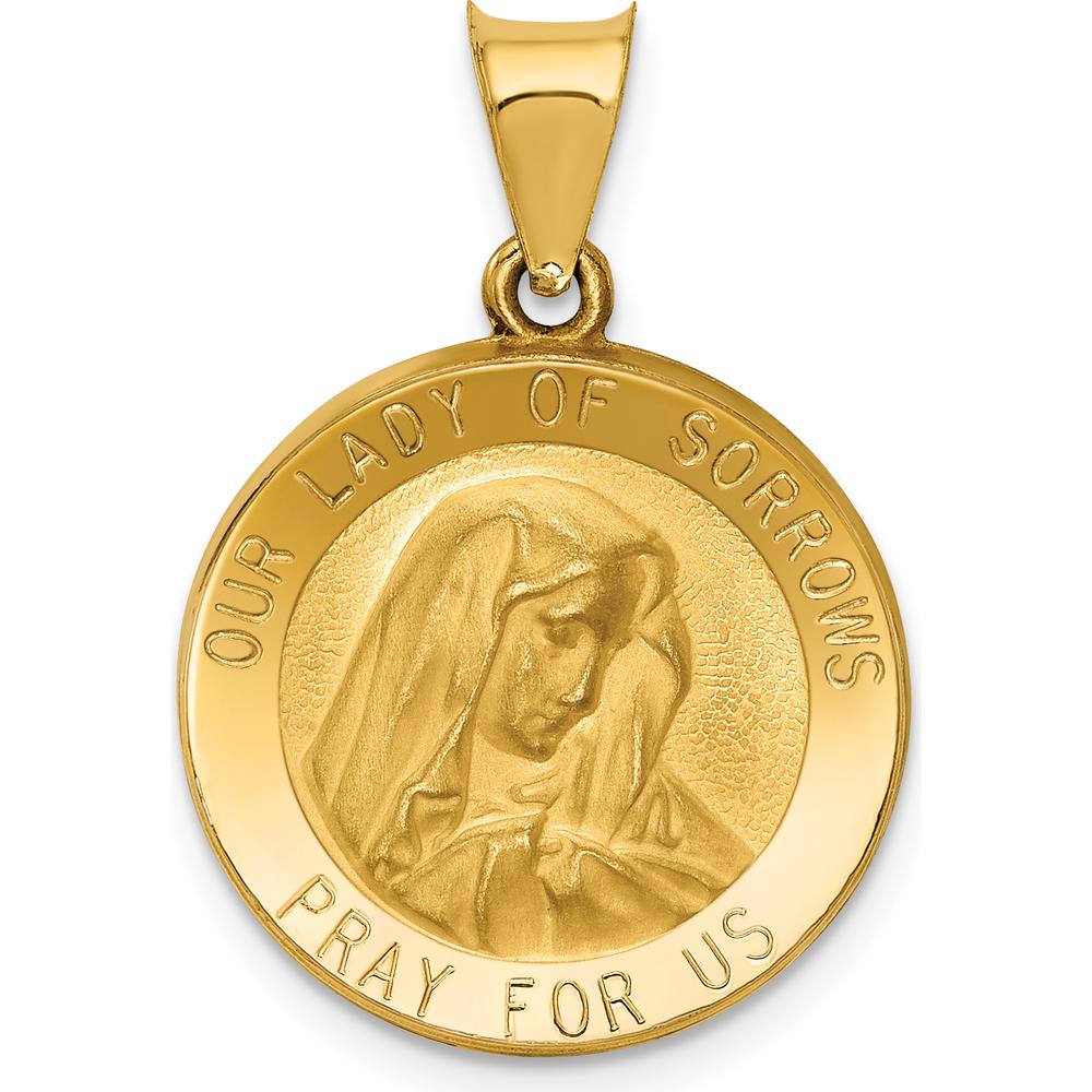 14K Yellow Gold Our Lady of Sorrows Medal Pendant with Polished and Satin Finish - Hollow Die Struck Design by Oro Pregiato
