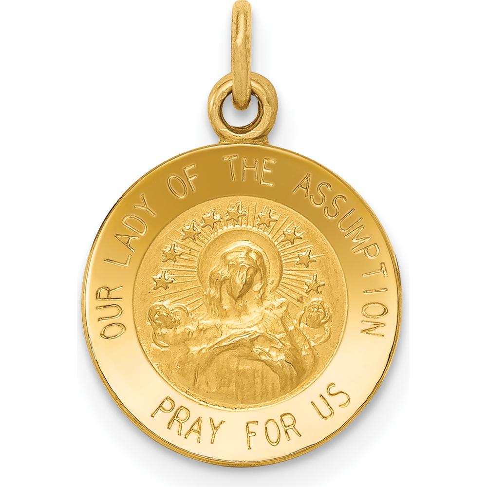 14K Yellow Gold Our Lady of the Assumption Round Charm - Polished and Satin Finish, 17mm Length by Oro Pregiato