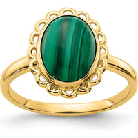 14K Yellow Gold Oval 10x8mm Natural Malachite Cabochon Ring with Scalloped Bezel Setting by Oro Pregiato