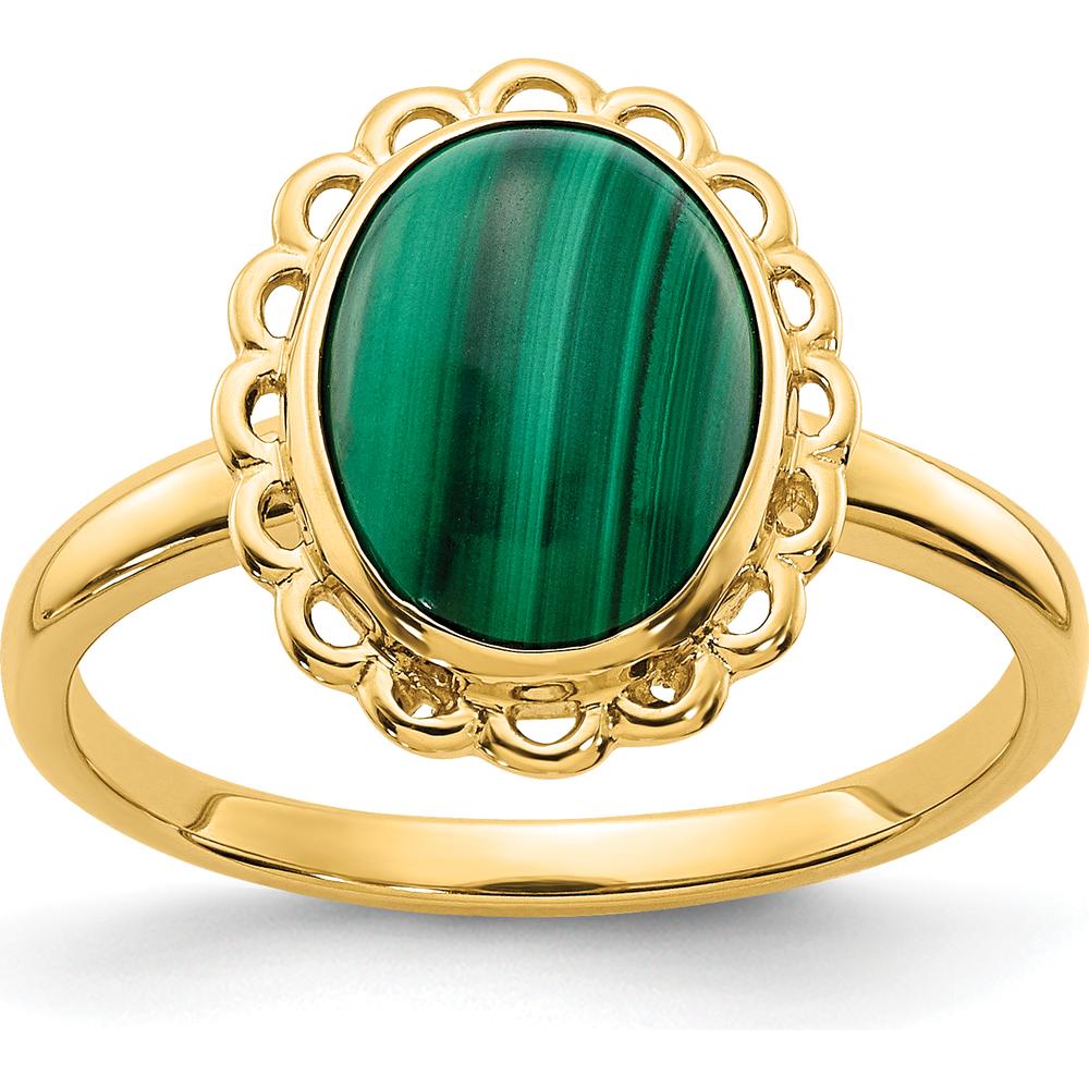 14K Yellow Gold Oval 10x8mm Natural Malachite Cabochon Ring with Scalloped Bezel Setting by Oro Pregiato