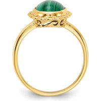 14K Yellow Gold Oval 10x8mm Natural Malachite Cabochon Ring with Scalloped Bezel Setting by Oro Pregiato