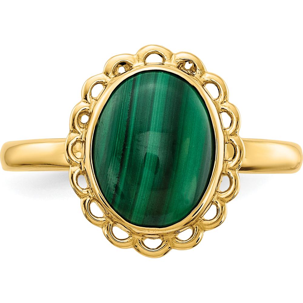 14K Yellow Gold Oval 10x8mm Natural Malachite Cabochon Ring with Scalloped Bezel Setting by Oro Pregiato