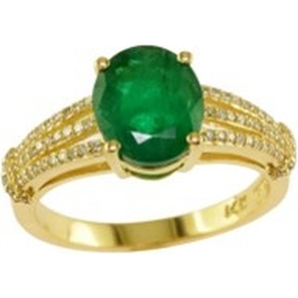 14K Yellow Gold Oval 2.14 Carats Emerald Ring with Pave-Set Diamonds - 0.21 Carats Total Diamond Weight
