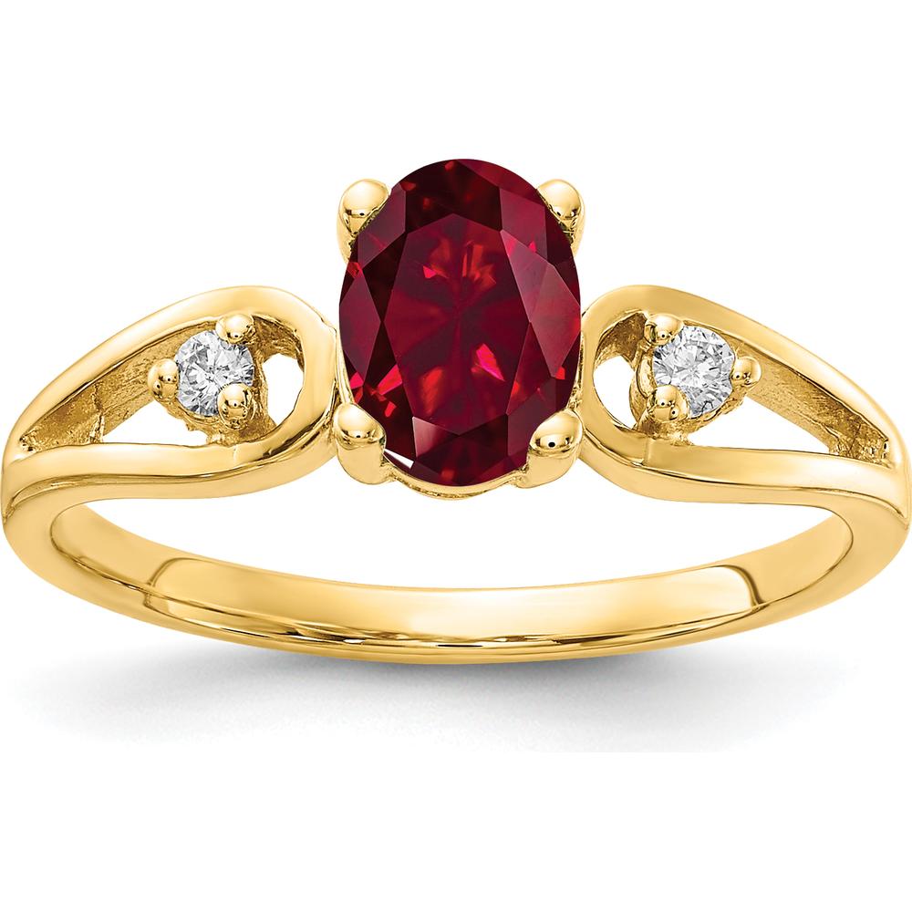 14K Yellow Gold Oval 7x5mm Lab-Created Ruby and Round Diamond Accent Ring - 0.05 Carat Total Diamond Weight by Monteluci Fine Jewelry