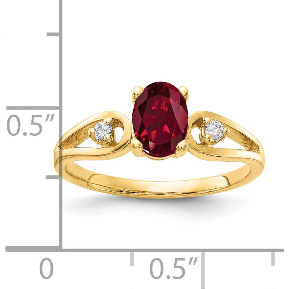 14K Yellow Gold Oval 7x5mm Lab-Created Ruby and Round Diamond Accent Ring - 0.05 Carat Total Diamond Weight by Monteluci Fine Jewelry