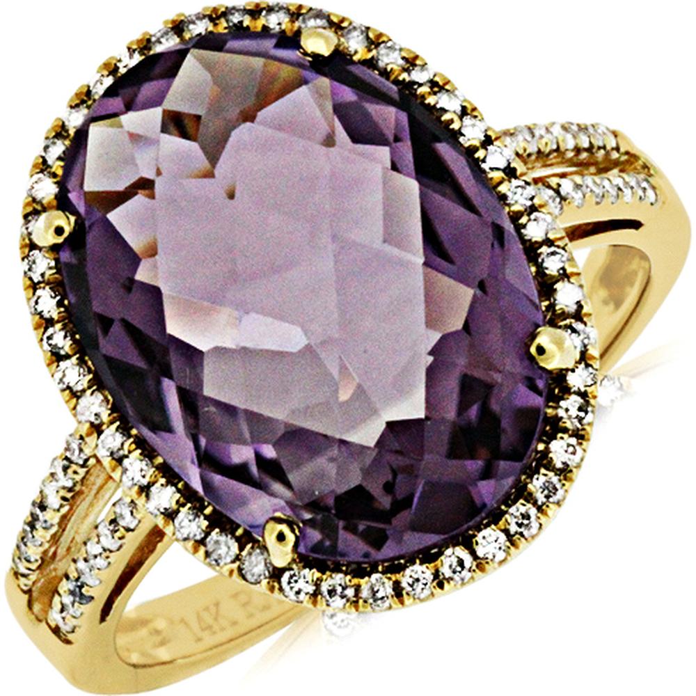 14K Yellow Gold Oval Amethyst and Diamond Halo Ring with Round Diamond Accents - 6.95 Carat Amethyst and 0.22 Carat Total Diamond Weight - Royal Jewelry