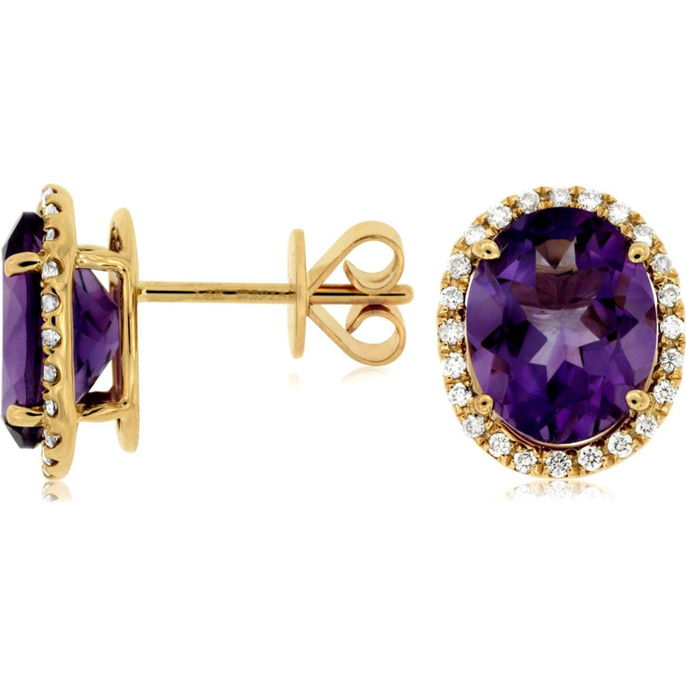 14K Yellow Gold Oval Amethyst and Diamond Halo Stud Earrings - 4.40 Carat Total Amethyst Weight, 0.35 Carat Total Diamond Weight - Royal Jewelry