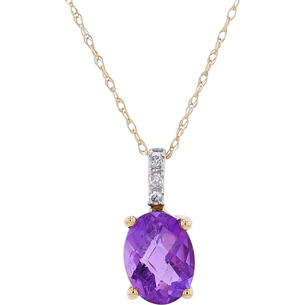 14K Yellow Gold Oval Amethyst Pendant with Diamond-Accented Bail - 0.02 Carats Diamond Total Weight