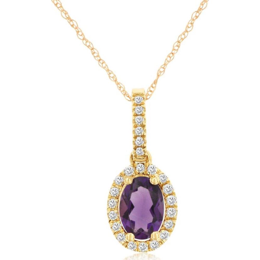 14K Yellow Gold Oval Amethyst Pendant with Round Diamond Halo and Diamond Bail - 0.70 Carat Amethyst & 0.12 Carat Total Diamond Weight - Royal Jewelry